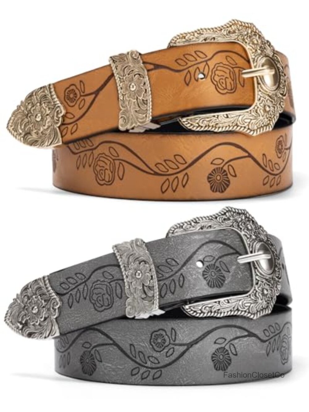 2 Pack Western Belt Women PU Leather Floral Engraved Cowgirl Jeans Pants